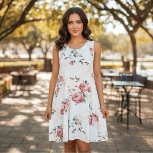 Viamor Off-White Floral Dress with Pockets- Women's Medium